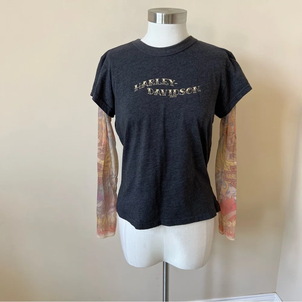 Vintage y2k Harley Davidson mesh tattoo sleeve layered t-shirt top 13060